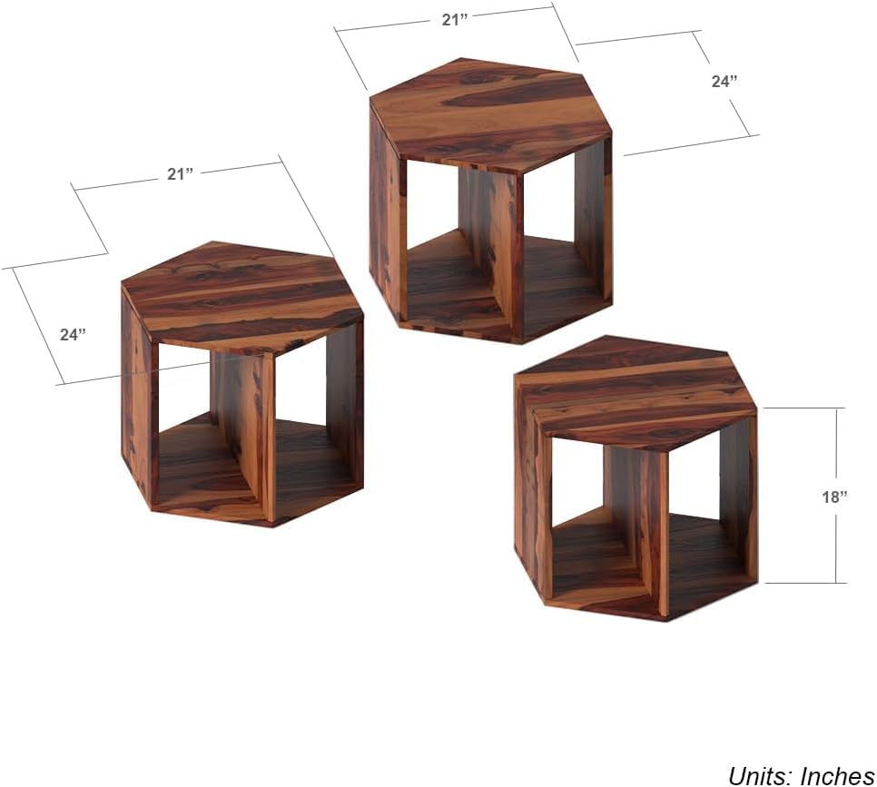 Solid Sheesham Wood Hexagon Nesting Coffee Table Set of 3