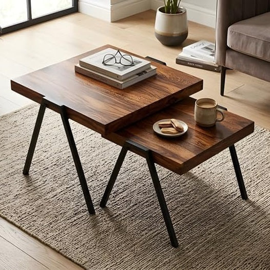 Wooden Center Table Set of 2 with Lower Shelf