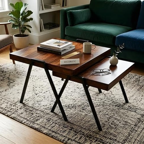 Wooden Center Table Set of 2 with Lower Shelf