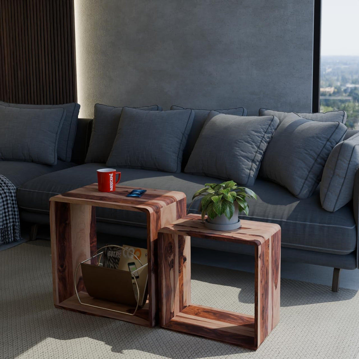 Solid Sheesham Wood Nesting Coffee Table Set of 2
