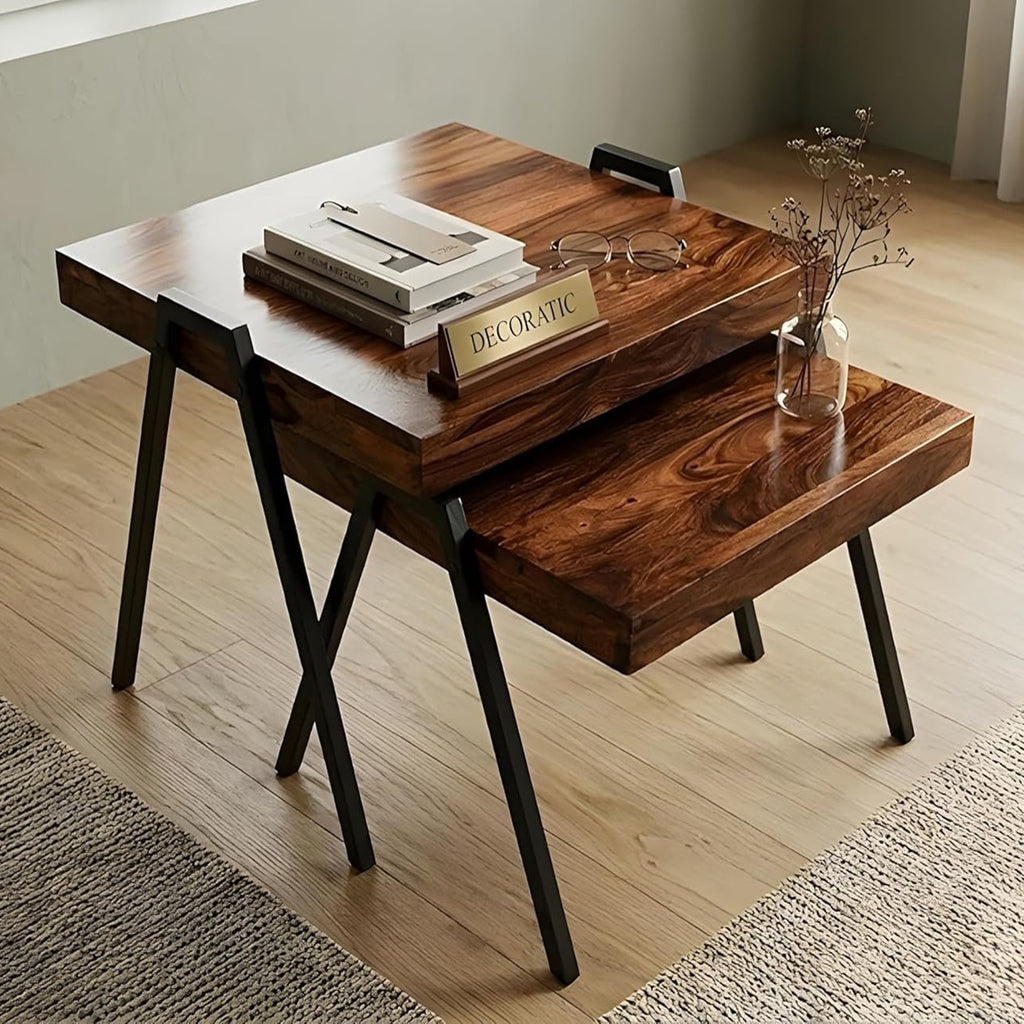 Wooden Center Table Set of 2 with Lower Shelf