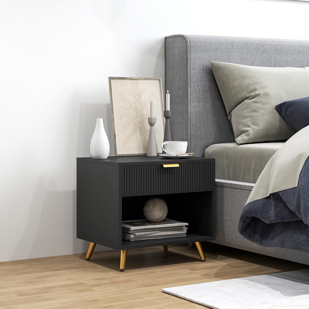 Wooden Nightstand with Drawer & Open Shelf