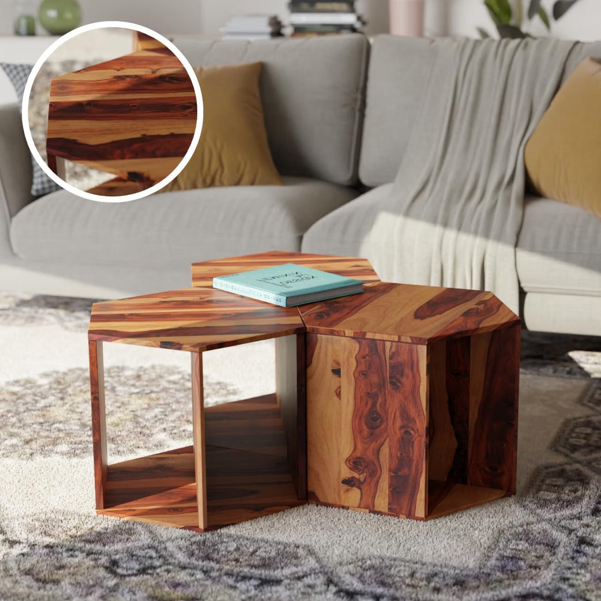 Solid Sheesham Wood Hexagon Nesting Coffee Table Set of 3
