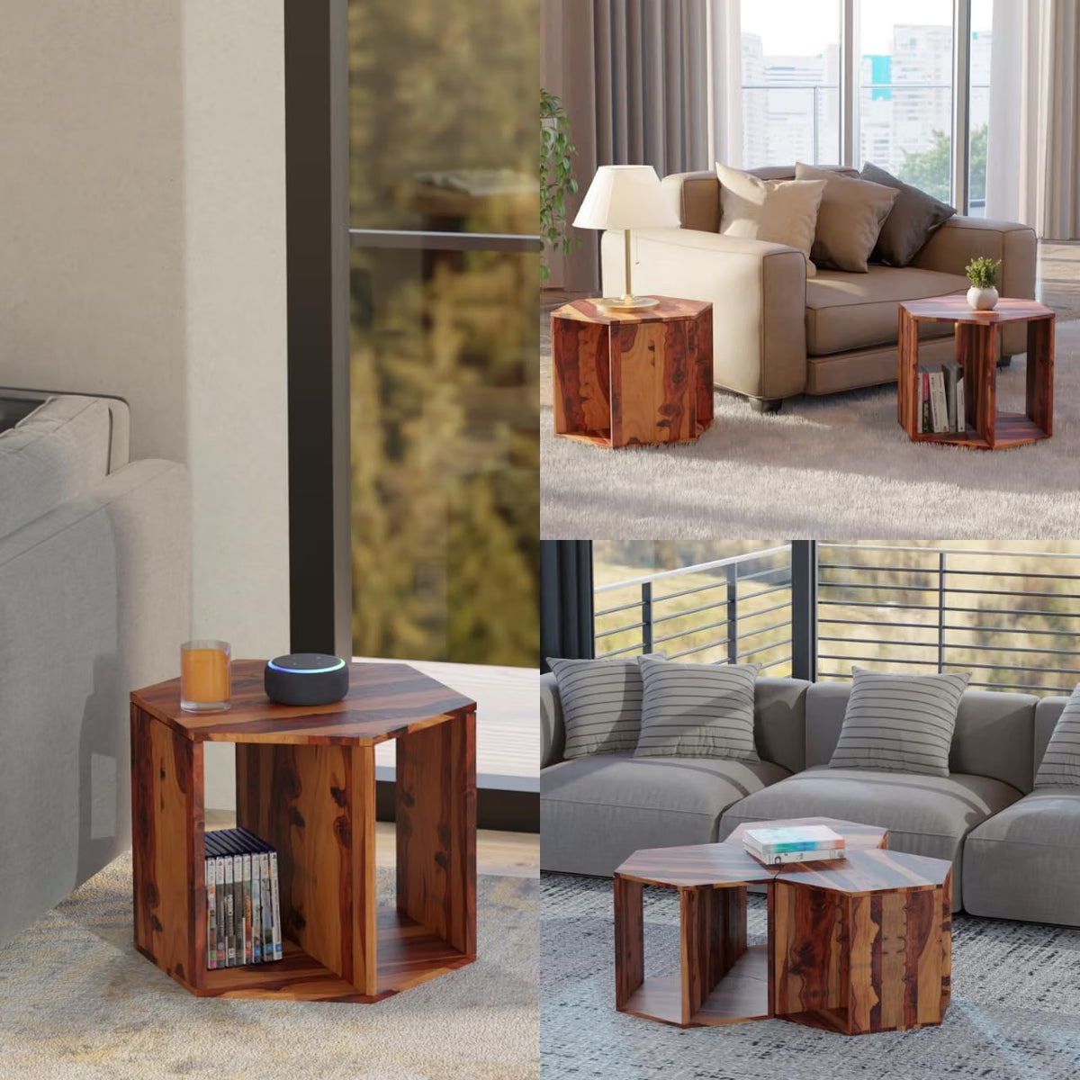 Solid Sheesham Wood Hexagon Nesting Coffee Table Set of 3