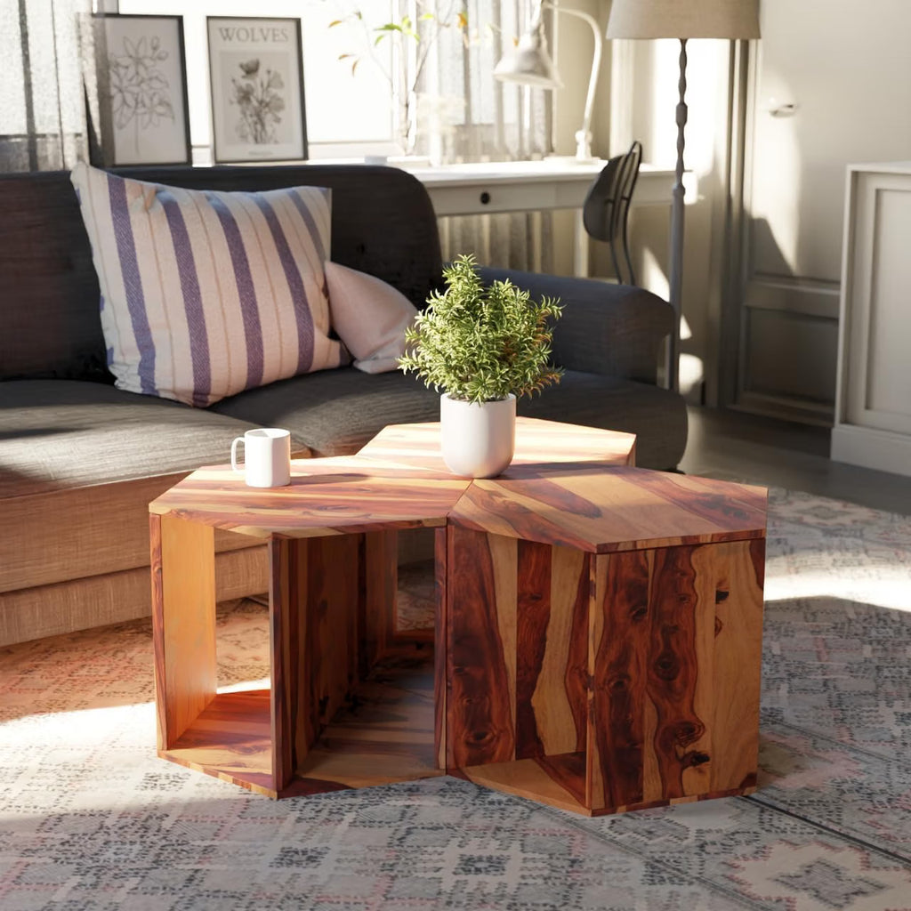Solid Sheesham Wood Hexagon Nesting Coffee Table Set of 3