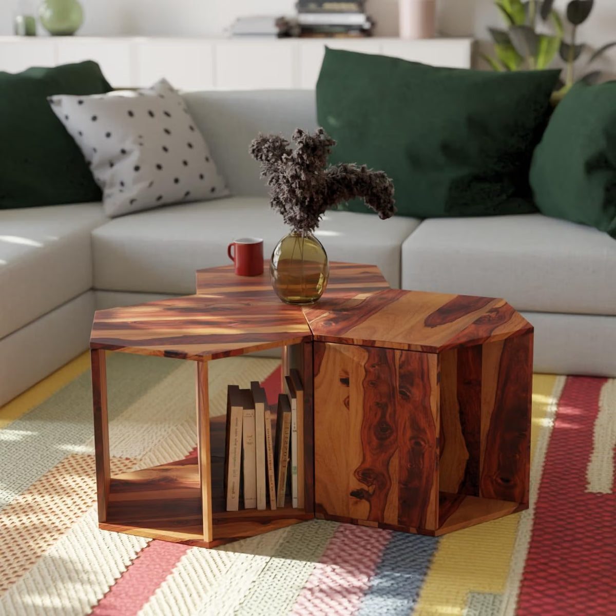 Solid Sheesham Wood Hexagon Nesting Coffee Table Set of 3
