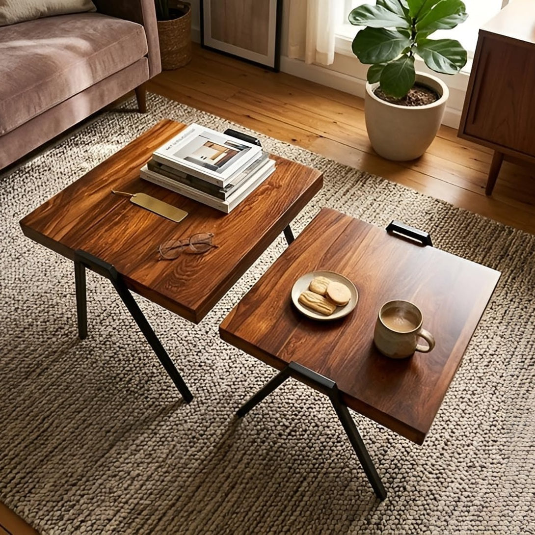 Wooden Center Table Set of 2 with Lower Shelf