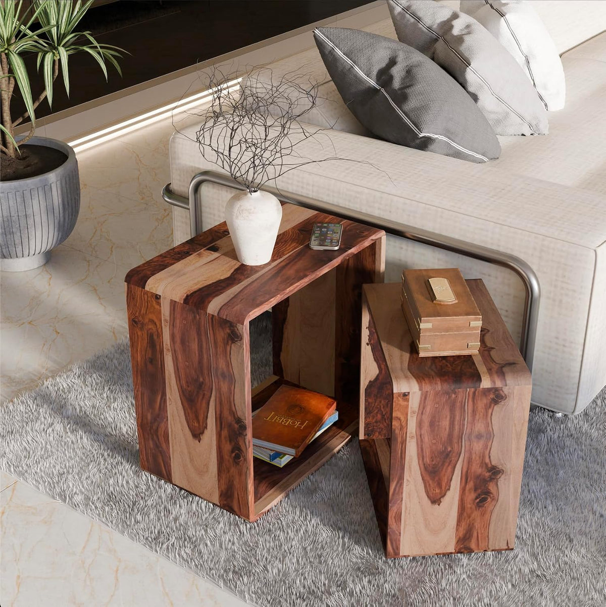 Solid Sheesham Wood Nesting Coffee Table Set of 2