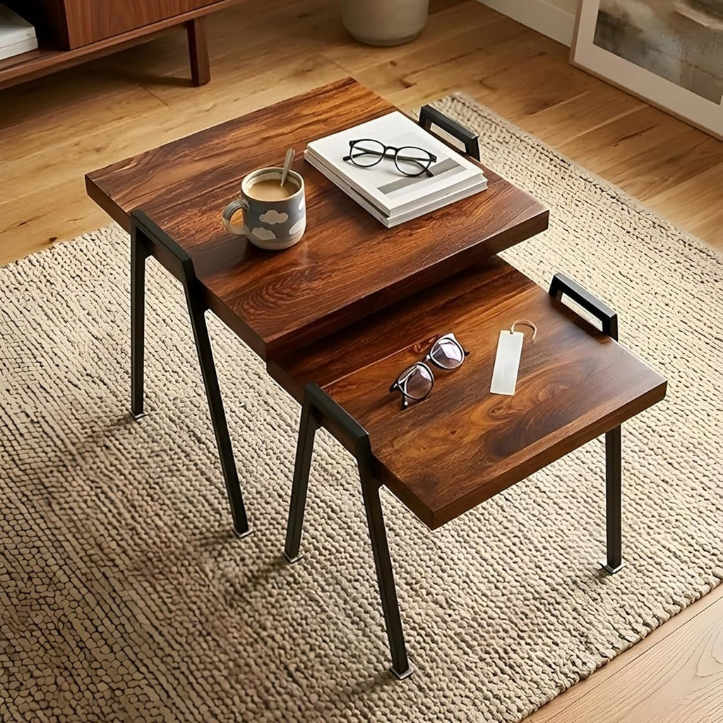 Wooden Center Table Set of 2 with Lower Shelf