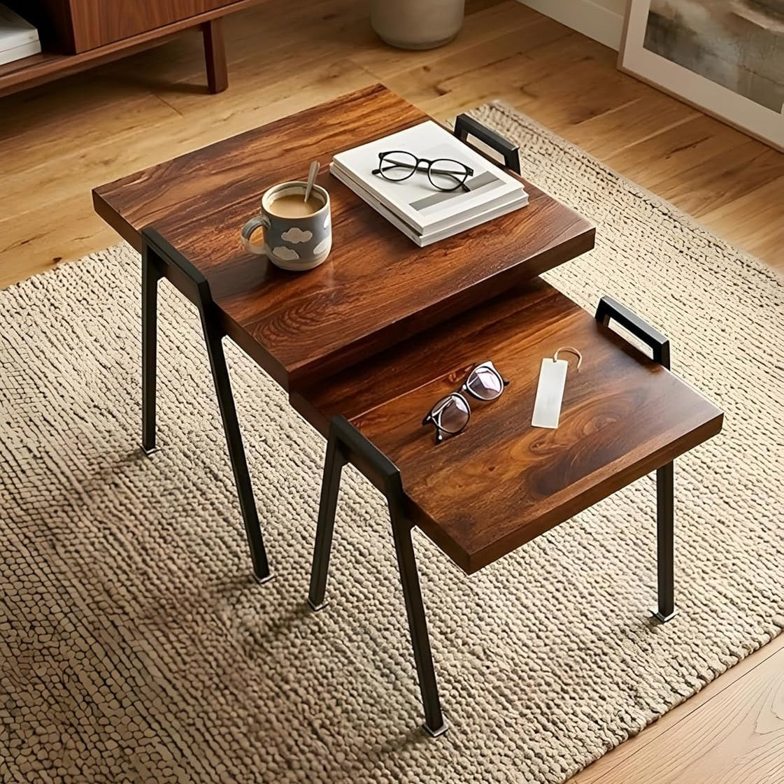 Wooden Center Table Set of 2 with Lower Shelf